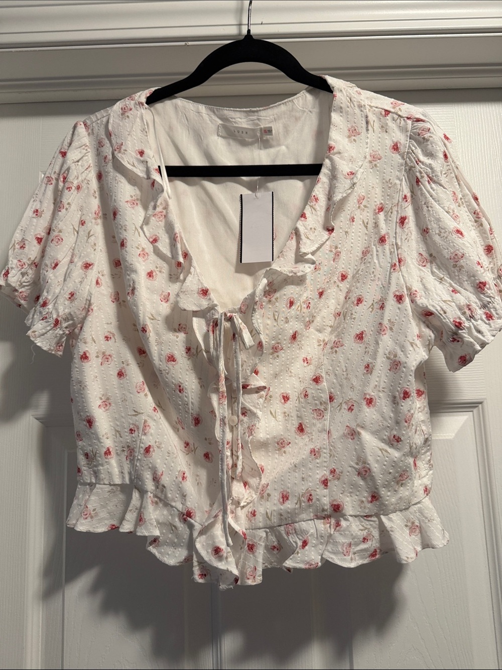 Lush White Floral Ruffle Tie-Front Blouse
